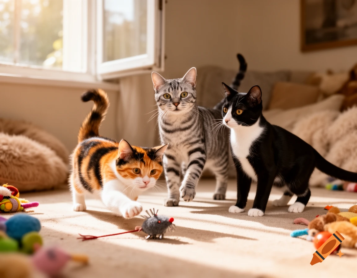 A photorealistic image of a calico, a tabby, and a tuxedo cat playing with toys on a sunny rug indoors.