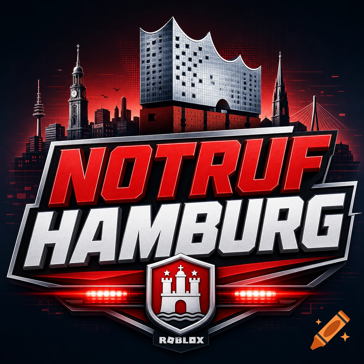 A stylized logo for "Notruf Hamburg" featuring prominent city landmarks like the Elbphilharmonie and a church spire, with "Roblox" at the bottom, all in red and white with a dark background.