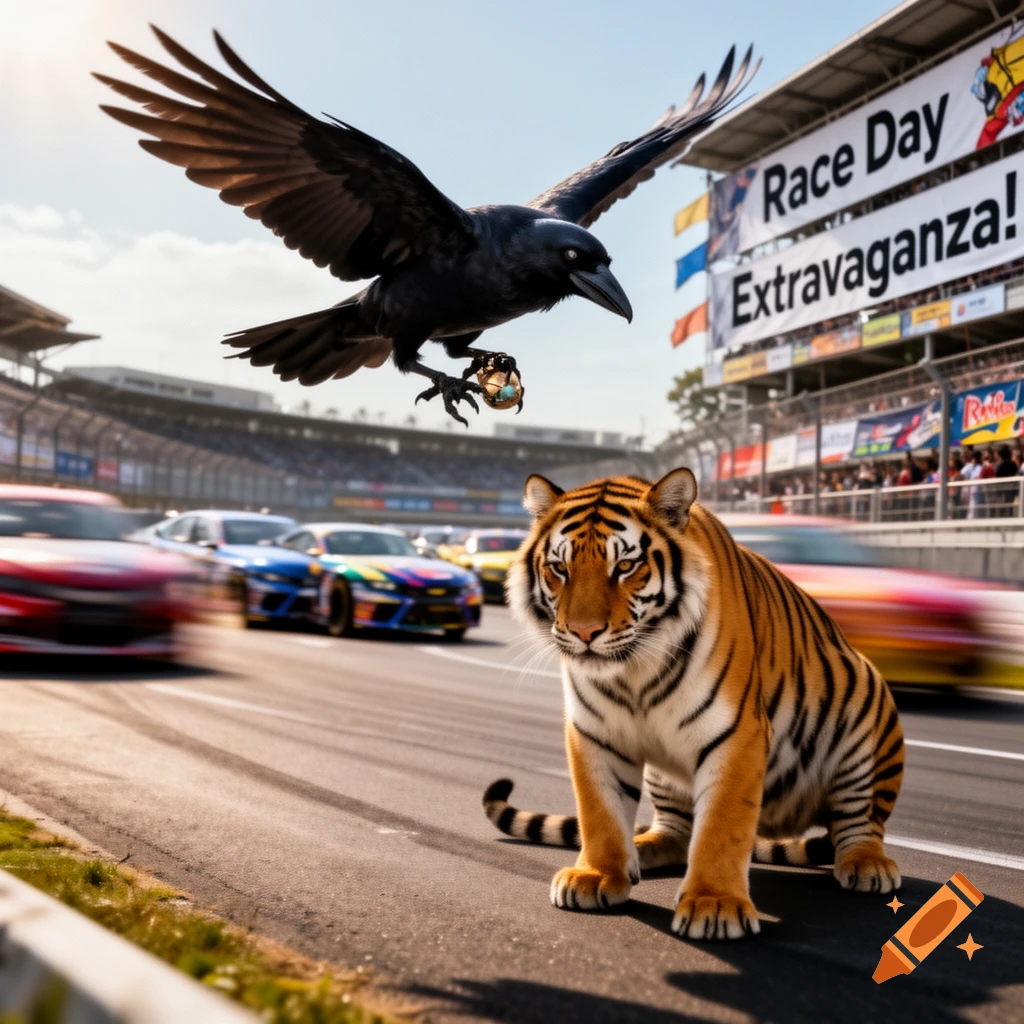 A tiger on a race track with blurred cars, a black crow flying overhead with an object, near a banner reading "Race Day Extravaganza!"