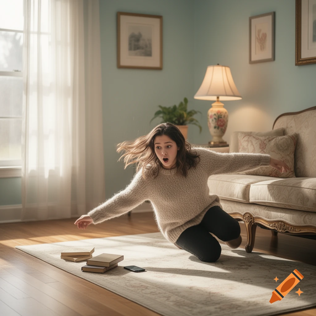 A young woman in a beige sweater and black pants is falling to the floor in a bright living room, looking surprised.