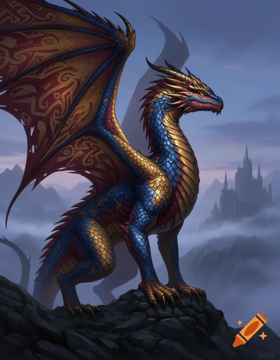 A majestic blue, gold, and red dragon with ornate wings perched on a rocky cliff overlooking a foggy valley with a castle.