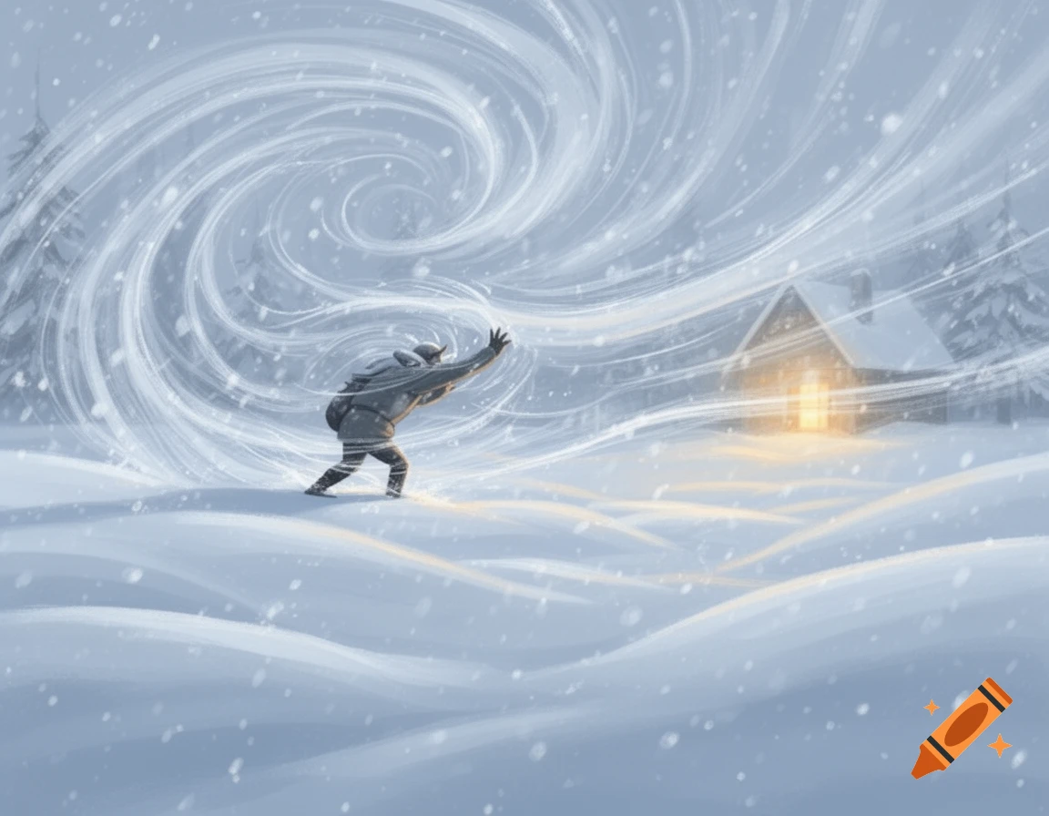 A lone character battles a swirling blizzard, leaning against the wind towards a distant lit cabin in a 2D cartoon illustration.