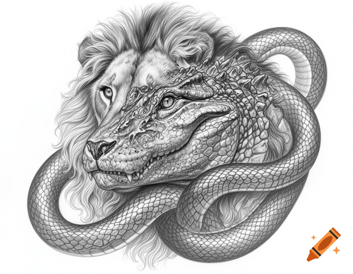 Detailed black and white pencil drawing of a hybrid creature combining a lion's head, a crocodile's head, and a coiled snake.