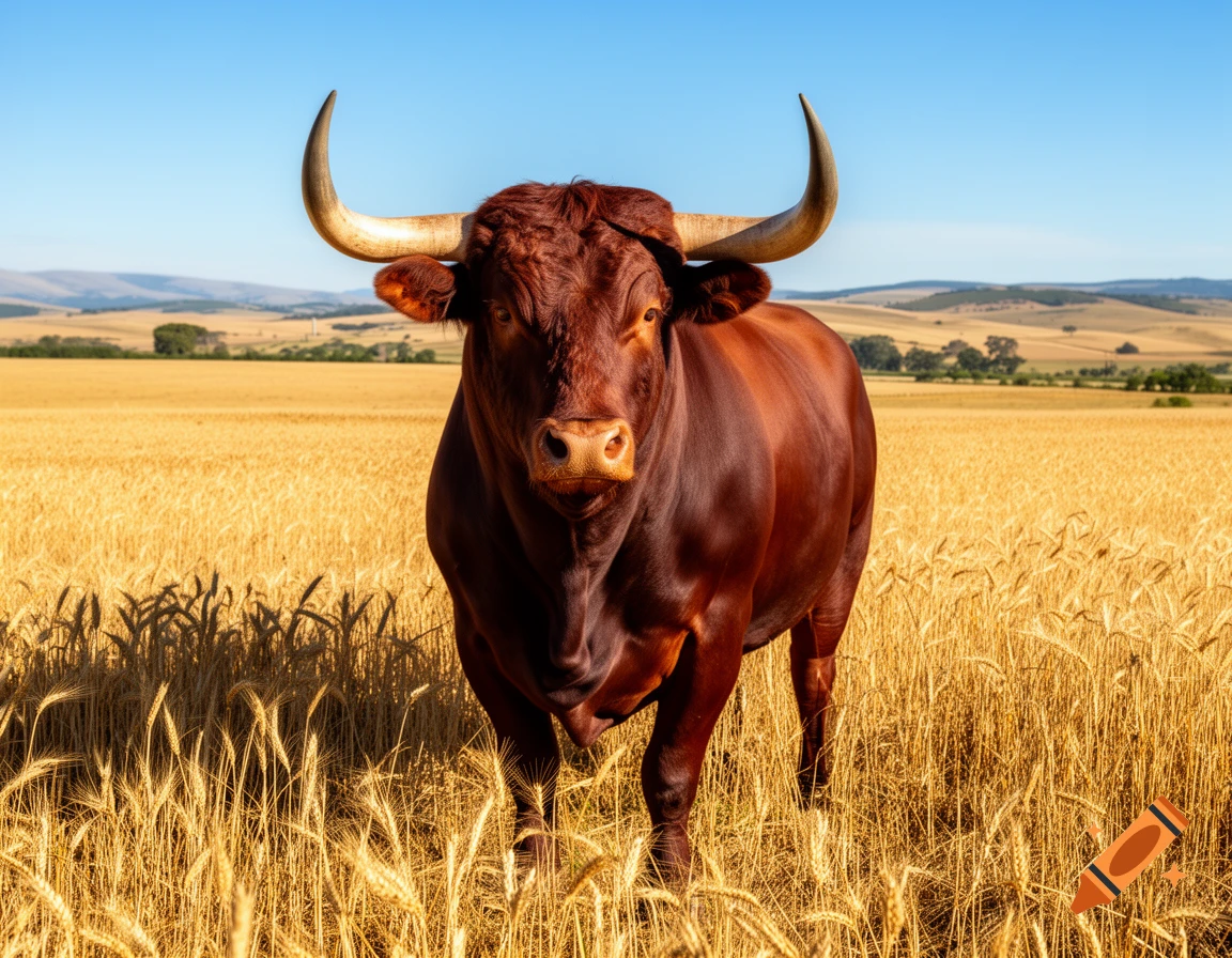 A brown bull with large horns stands majestically in a golden wheat field under a clear blue sky.