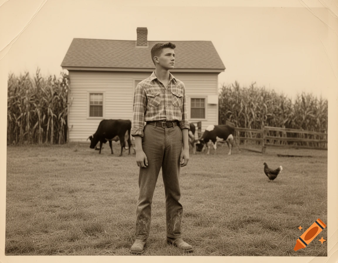 A sepia-toned vintage photo of a young man in a plaid shirt standing in a field, with a farmhouse, cows, and a chicken behind him.