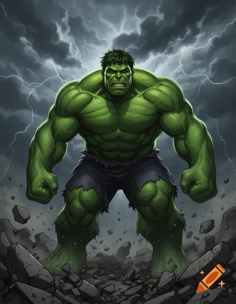 A muscular green Hulk with torn shorts stands amidst rubble, under a stormy sky with lightning.