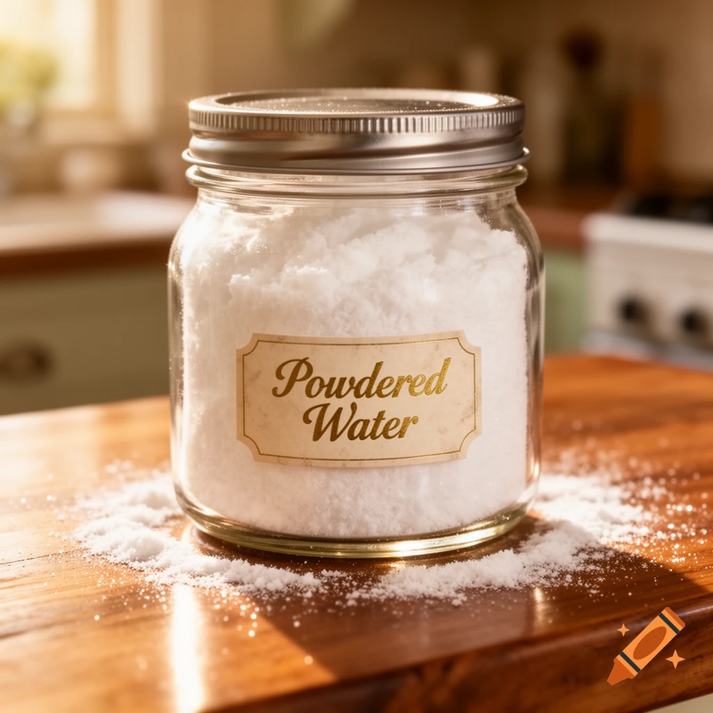 A photorealistic image of a glass jar filled with white powder labeled 'Powdered Water' on a wooden counter in a sunlit kitchen.