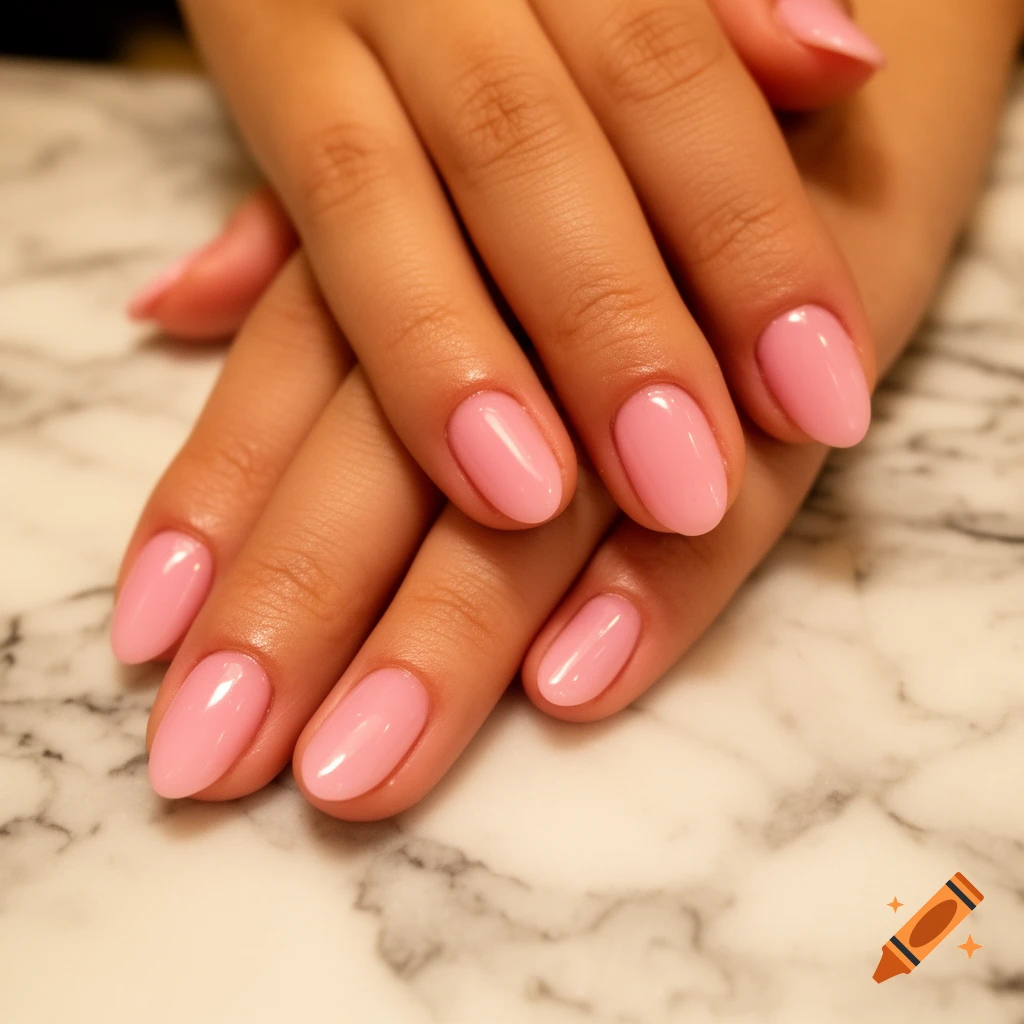 A close-up shot of two hands with light pink oval-shaped nails resting on a white marble surface.
