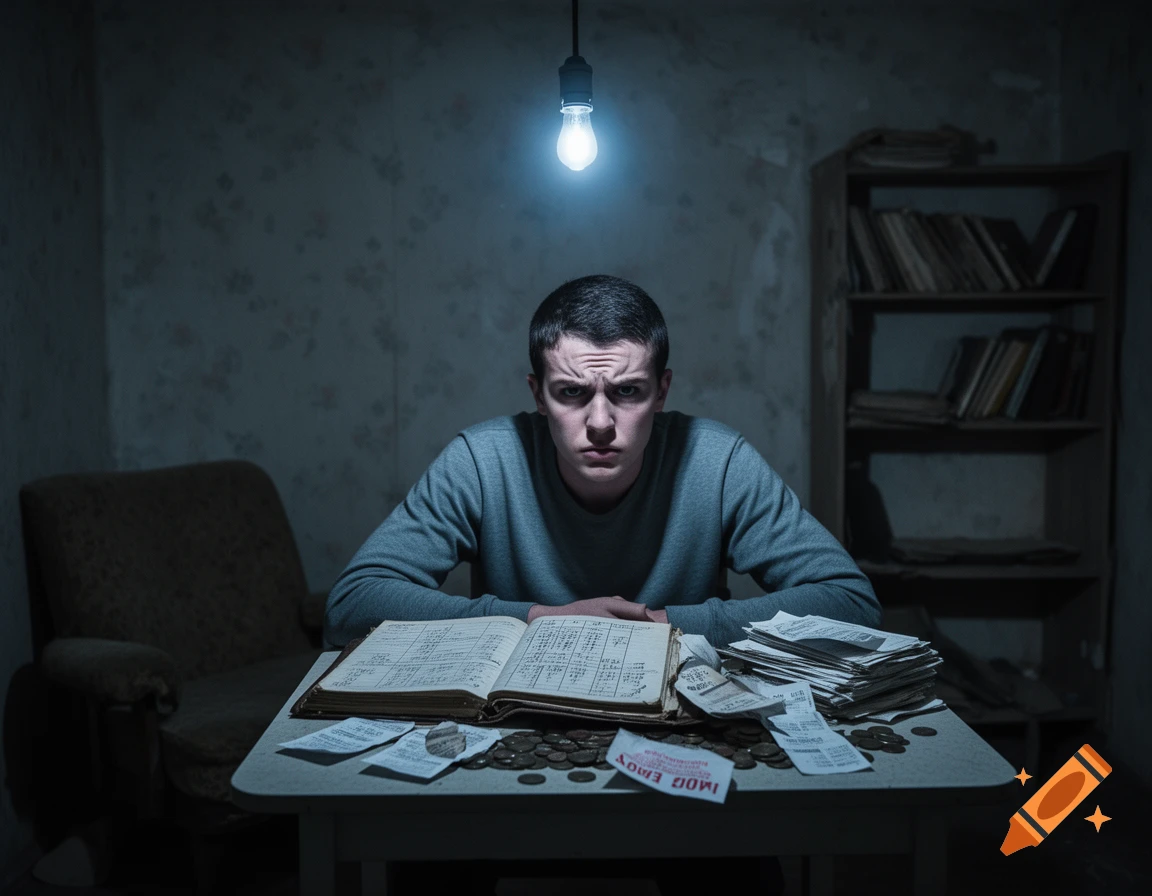 A man with a worried expression sits at a table in a dimly lit room, looking at an open ledger book, scattered bills, and coins.