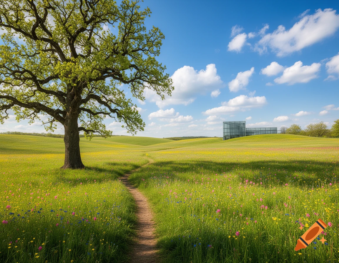 A large tree with a path winding through a spring field of colorful wildflowers, with a modern glass building on a distant hill under a blue sky.