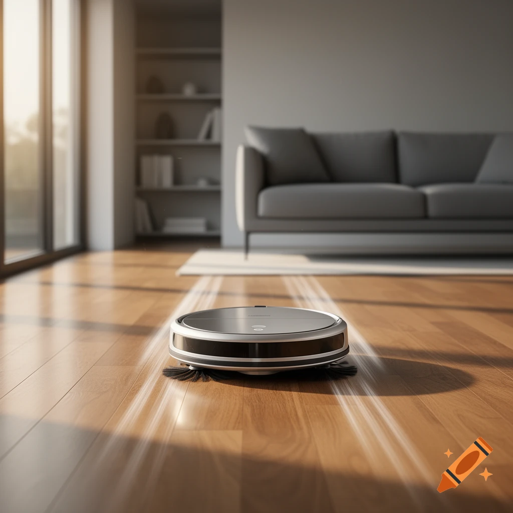 A photorealistic robot vacuum cleaner cleans a wooden floor in a modern living room.