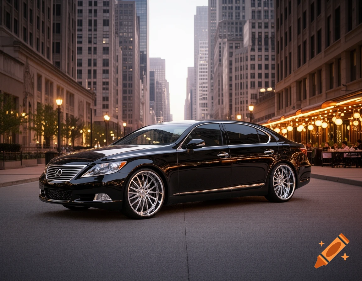 A black Lexus LS 460L with chrome Forgiato rims parked on a city street with tall buildings and illuminated storefronts at dusk.