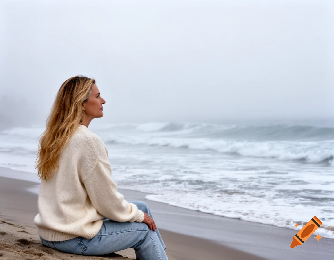 A blonde woman in a cream sweater and jeans sits on a sandy beach, looking out at the foggy ocean.