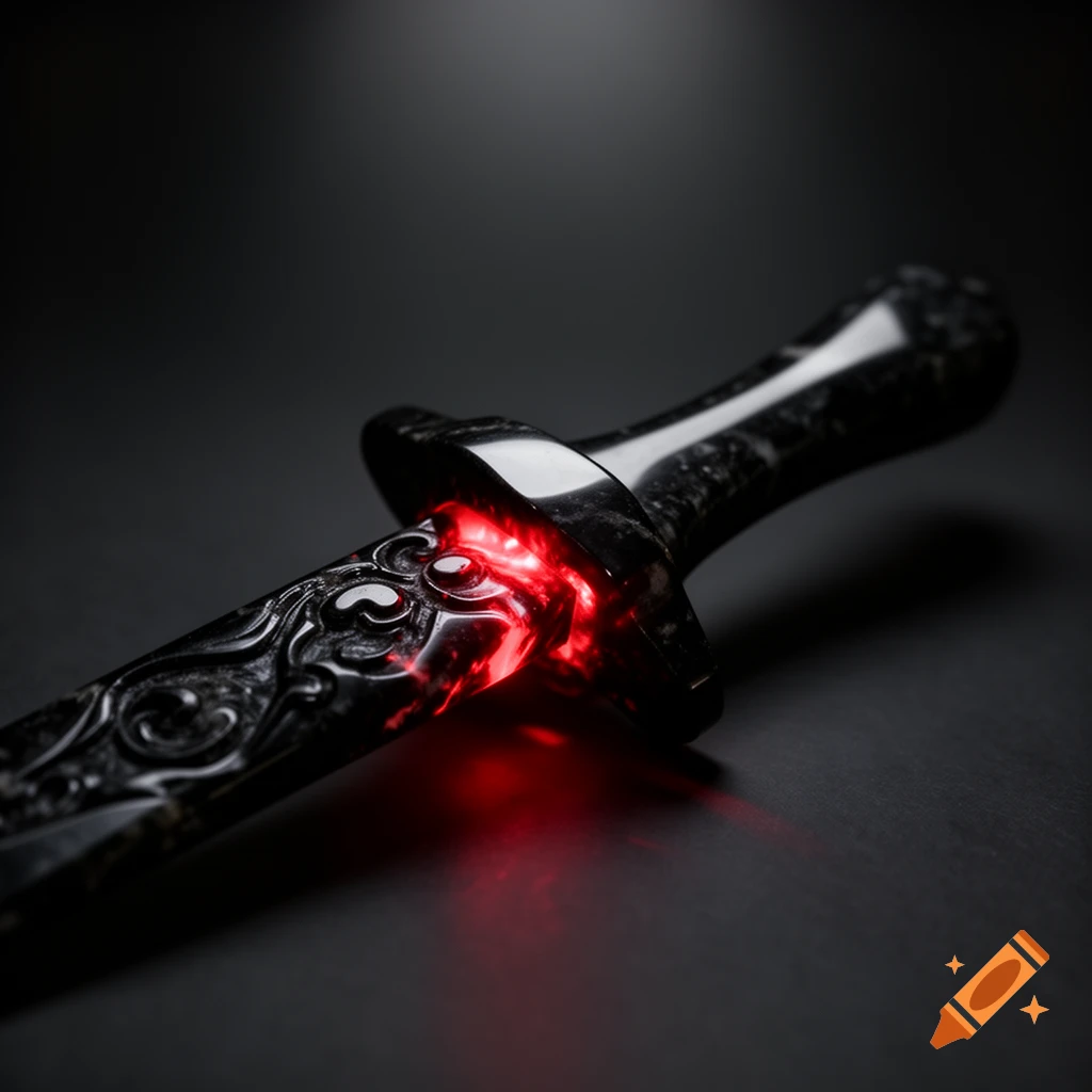 A dark, ornate dagger with a black stone hilt emits a vibrant red glow from its guard against a deep grey background.