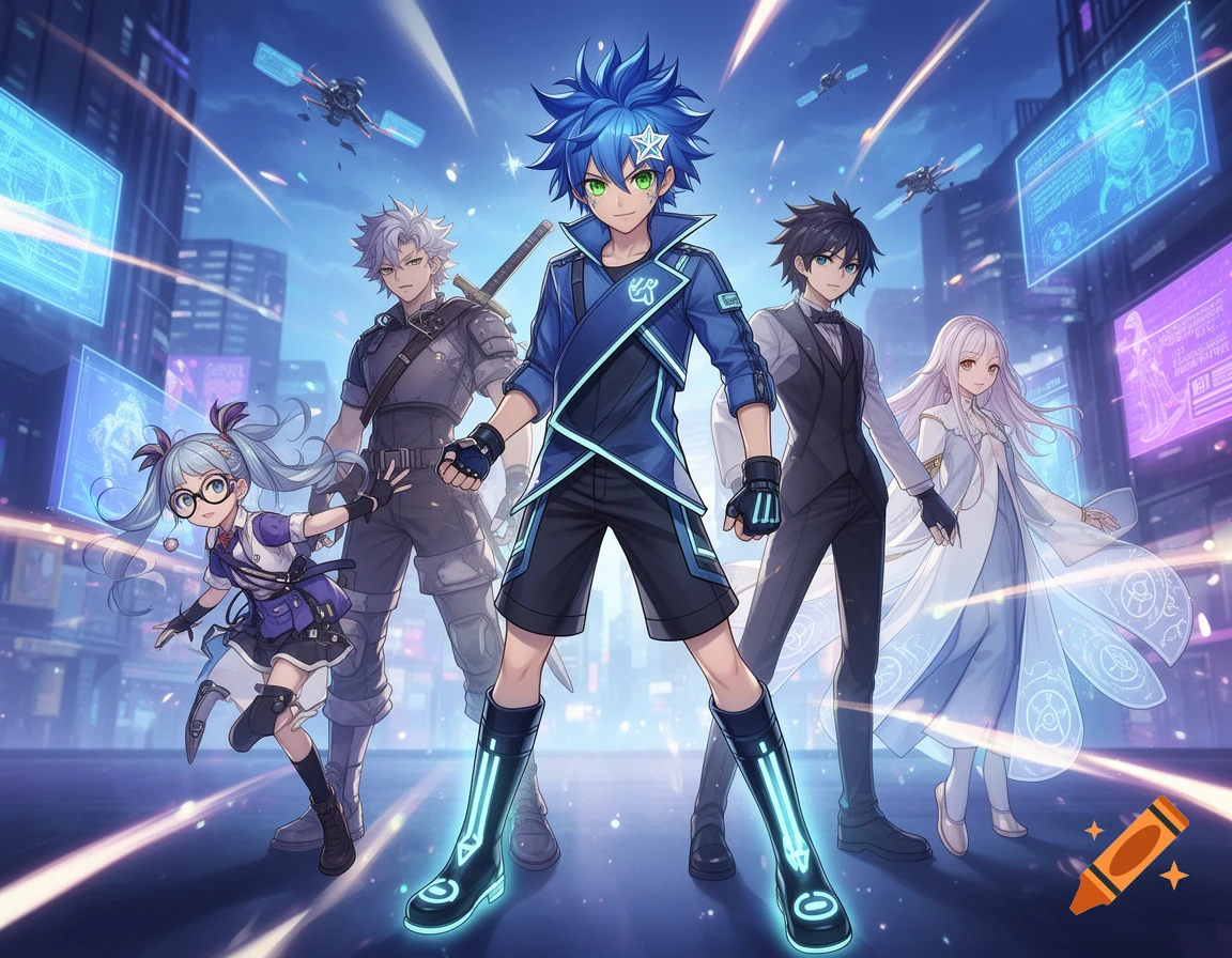 A group of five anime characters, including a blue-haired boy with glowing boots, stand in a futuristic city at night with glowing screens.