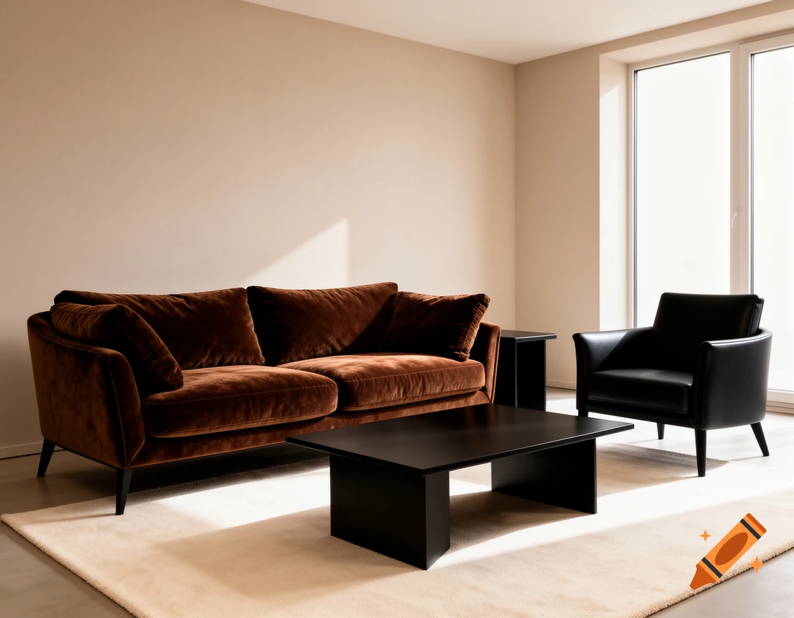 A stylish modern living room with a brown velvet sofa, black coffee table, and black leather armchair on a light rug next to a window.