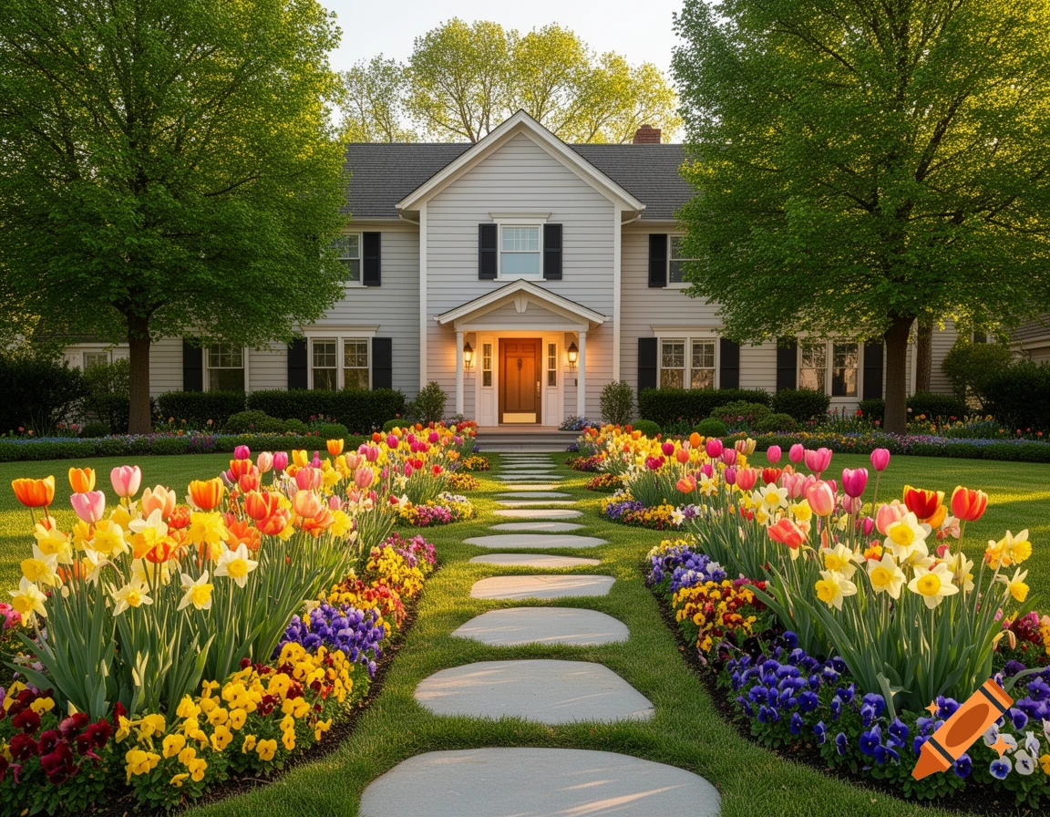 A photorealistic image of a gray house with a stone path leading through a vibrant garden of colorful tulips, daffodils, and pansies.