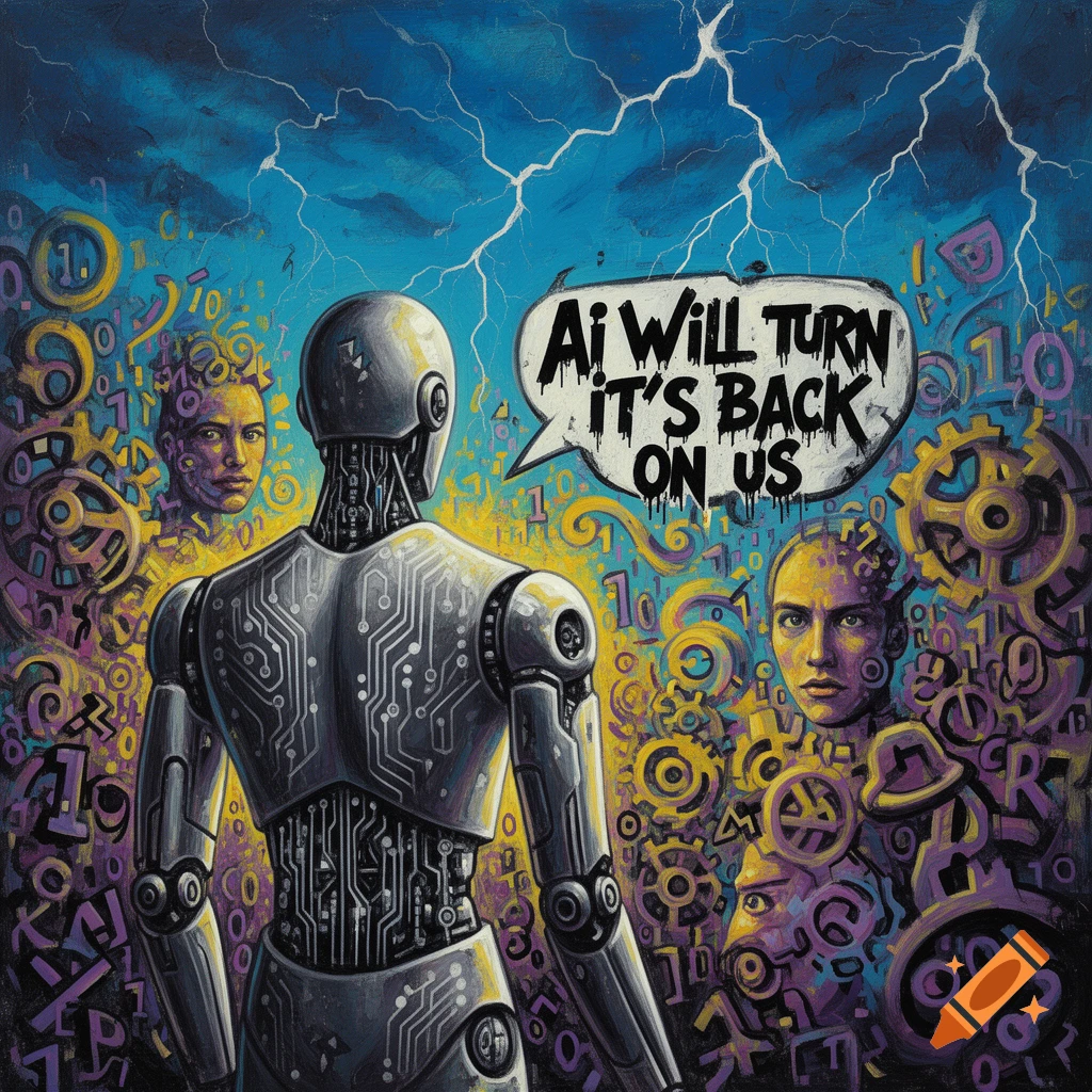 A dada art painting of a robot with its back to the viewer, facing a stormy sky with lightning and abstract human faces, gears, and binary code. A speech bubble above the robot reads, "AI WILL TURN IT'S BACK ON US."