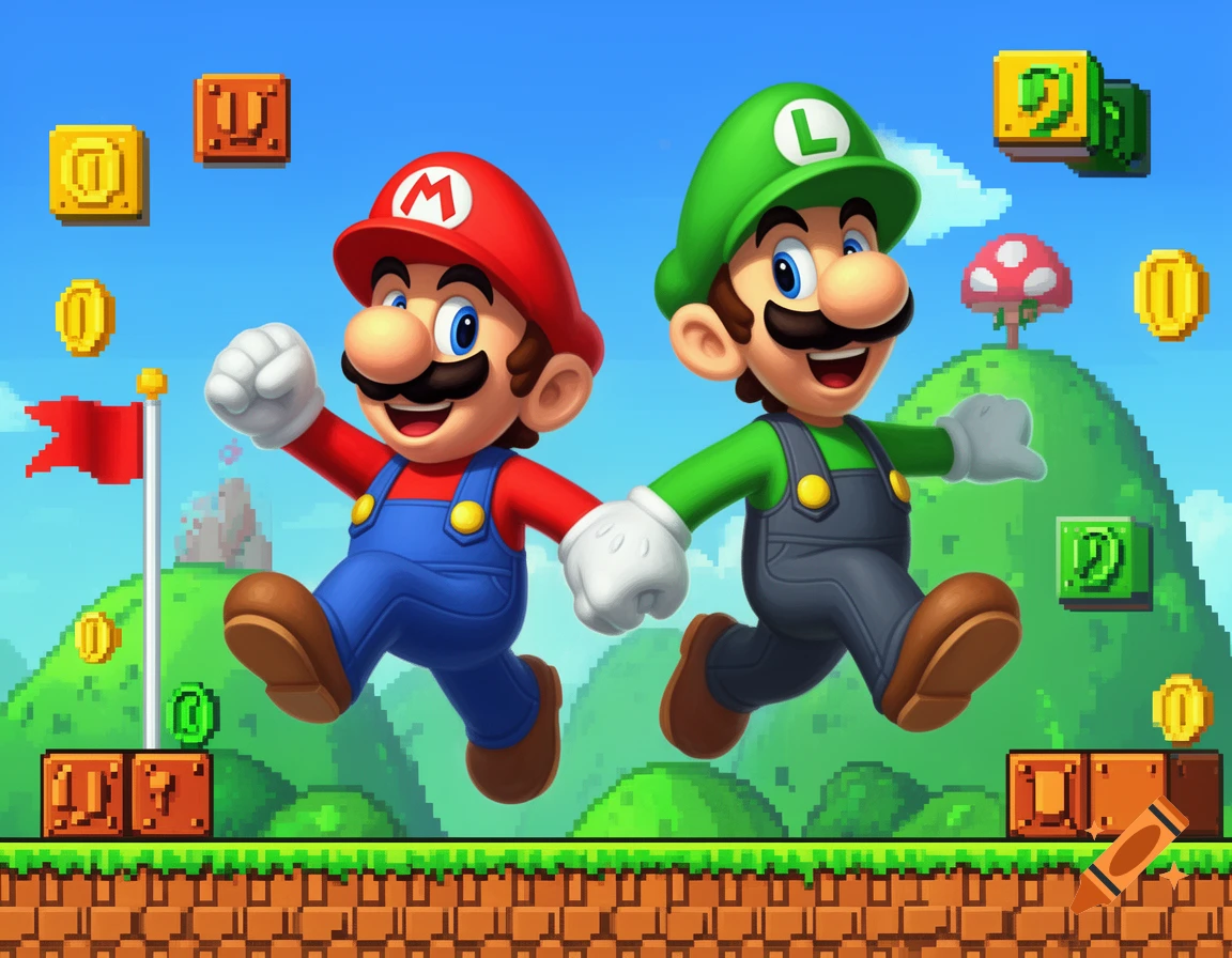 Mario and Luigi run across a pixelated green landscape with blocks, coins, and a red flagpole under a blue sky.