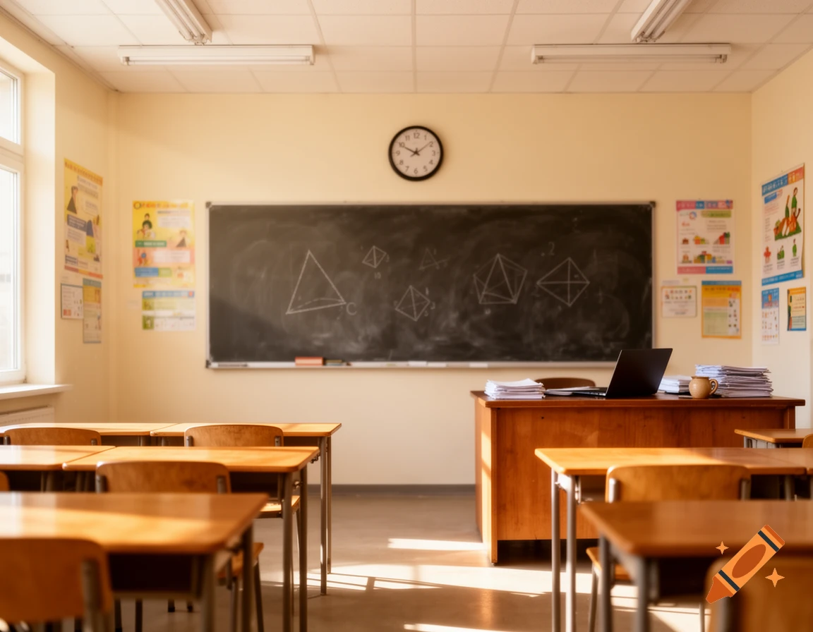 A sunlit empty classroom with wooden desks and chairs, a large blackboard with geometric shapes drawn on it, a clock, and posters on the walls.