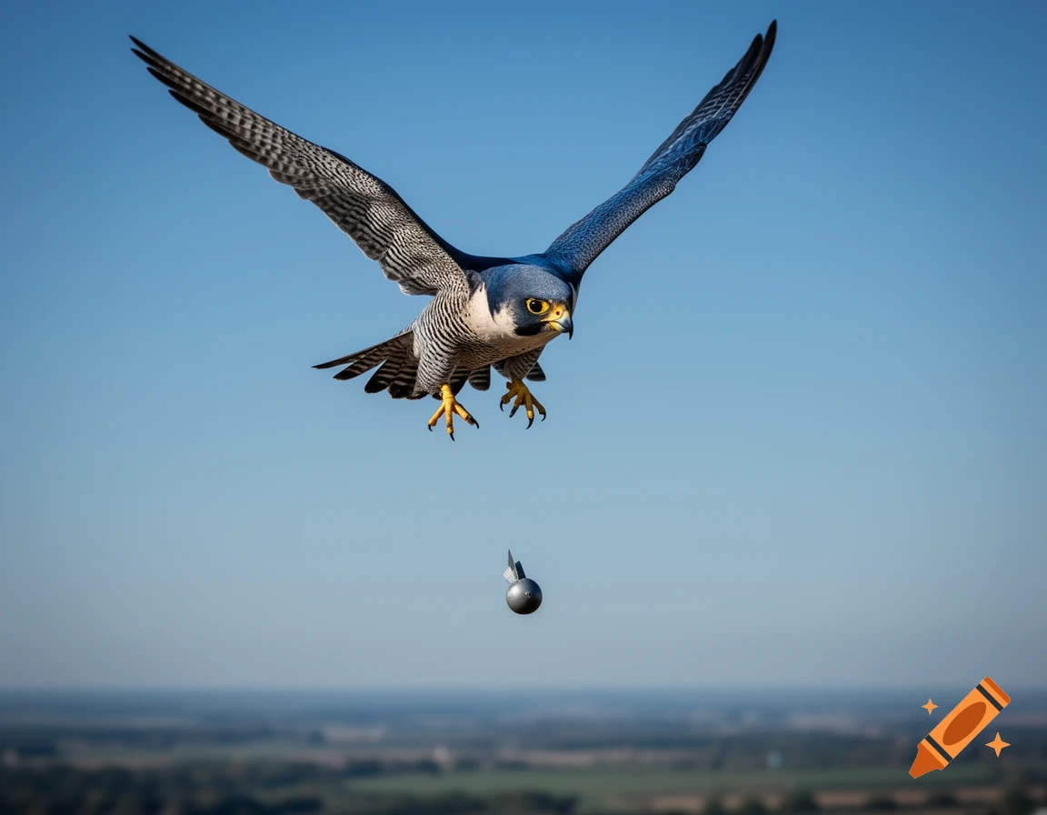 A photorealistic peregrine falcon with wide wings drops a bomb-like object from a clear blue sky over a blurred landscape.