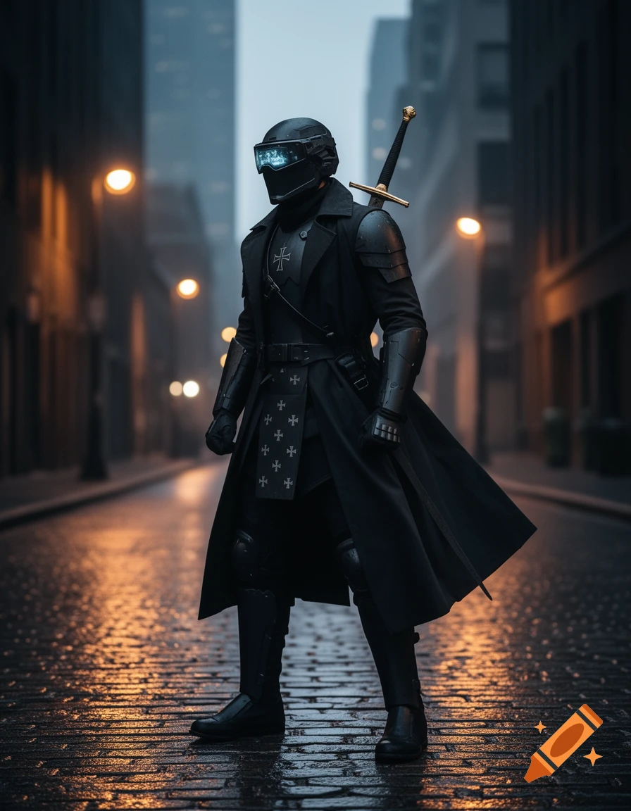 A tactical modern templar soldier in a black coat with a sword on their back stands on a wet, glowing cobblestone street.