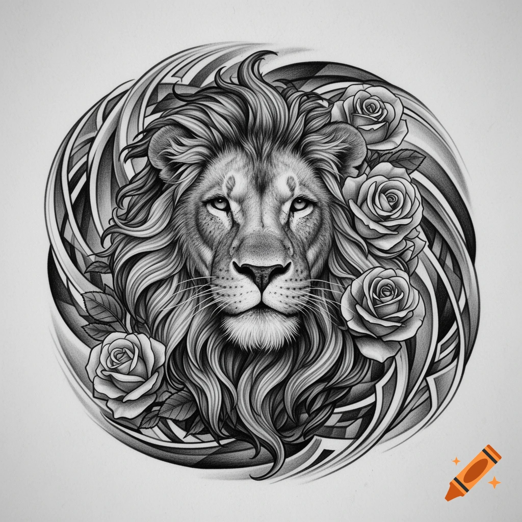 Detailed black and white illustration of a lion's head with a flowing mane, surrounded by roses and abstract swirling patterns.