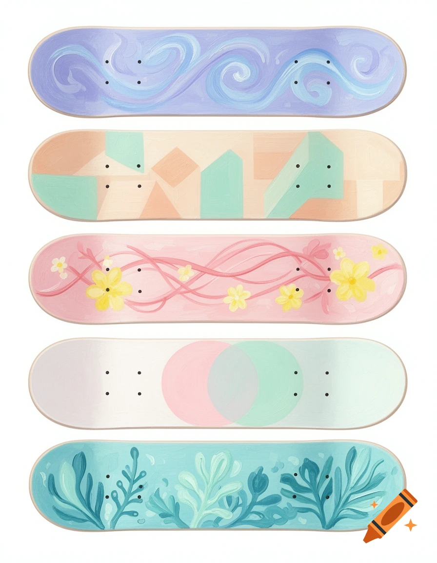 Five vertically stacked skateboards with unique pastel, hand-painted acrylic designs on a white background.