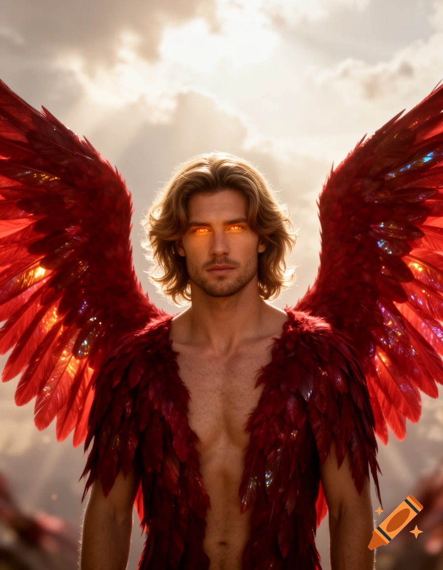 Photorealistic portrait of a shirtless man with wavy brown hair, glowing amber eyes, and large red feather wings against a cloudy sky.