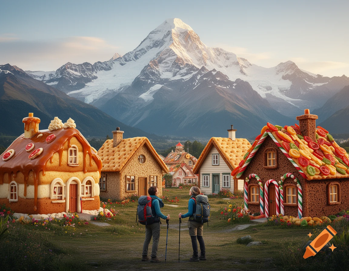 Two hikers view whimsical houses made of food and snacks in a valley, backed by snow-capped mountains under a clear sky.
