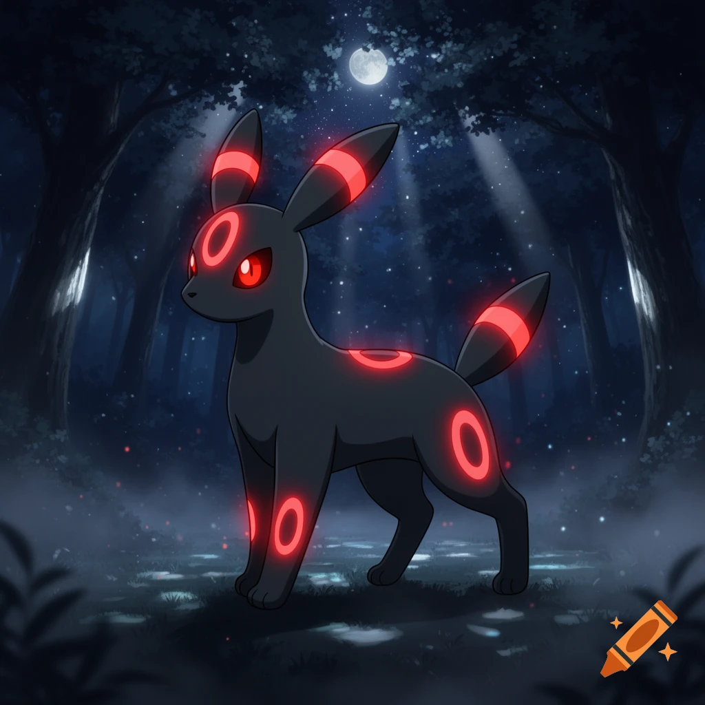 A black Umbreon Pokemon with glowing red rings stands in a dark, moonlit forest.
