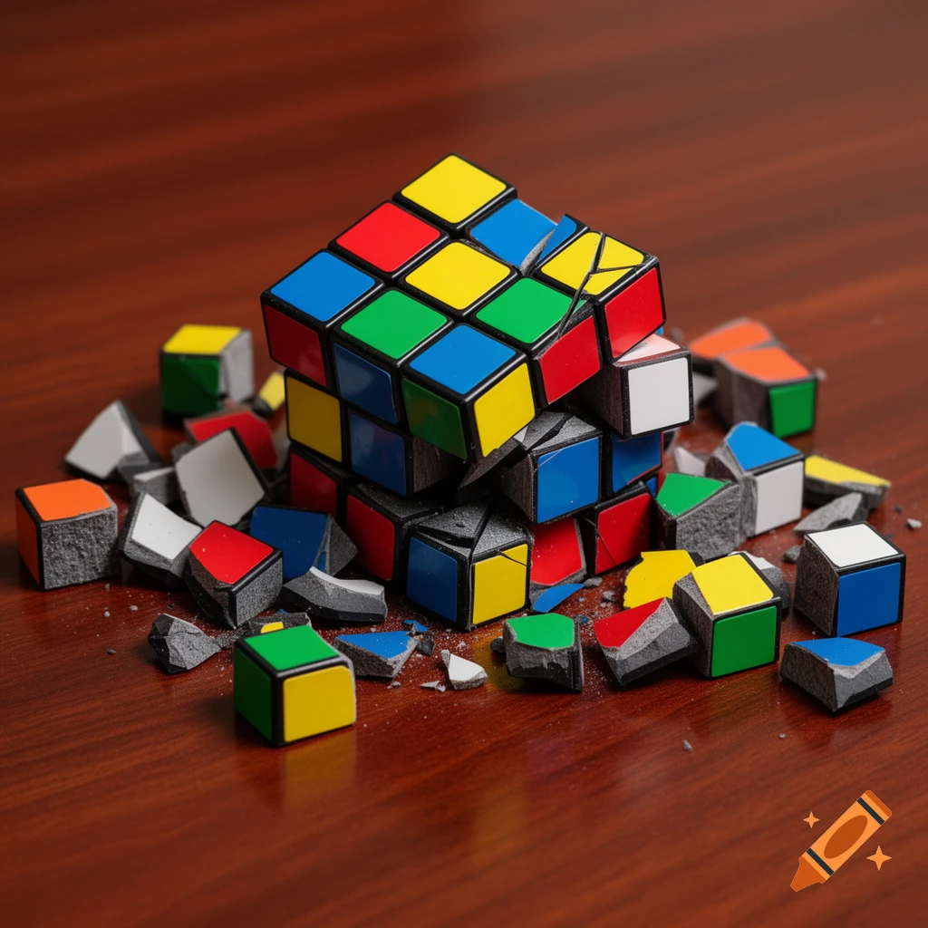 A photorealistic image of a colorful Rubik's cube smashed into many pieces on a dark wooden table.