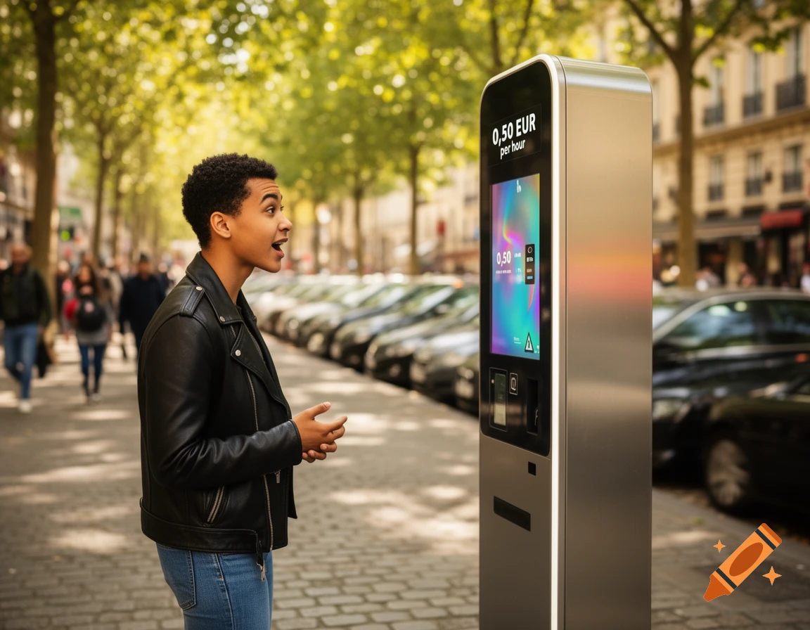 A young person speaks to a modern parking meter on a cobblestone city street lined with cars and trees.