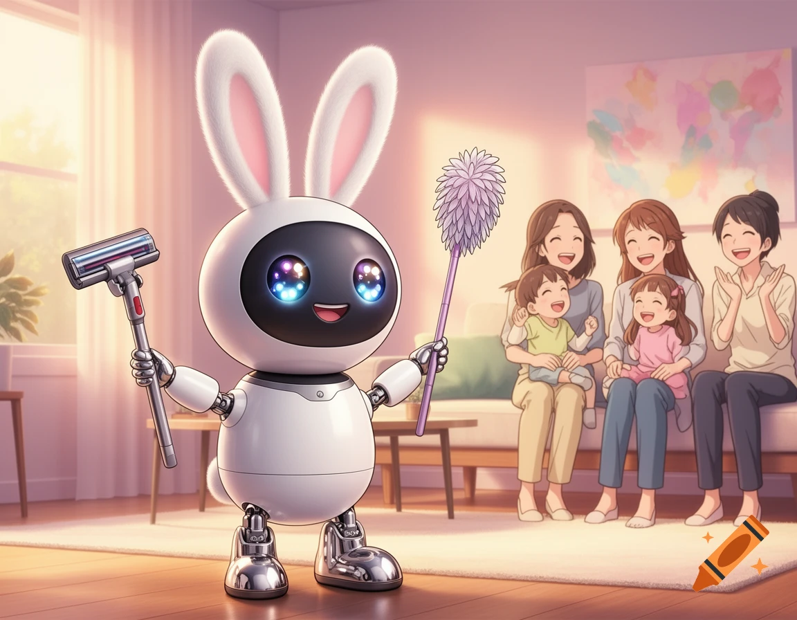 A cute bunny-eared robot holding cleaning tools smiles at a cheerful family on a couch in an anime-style living room.
