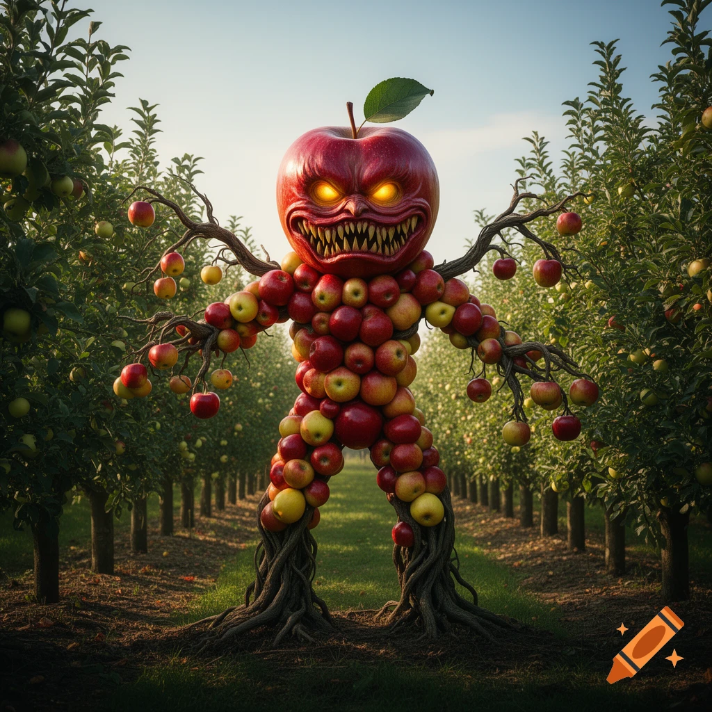 A menacing apple monster with glowing eyes and sharp teeth stands in an apple orchard, its body made of apples and roots.