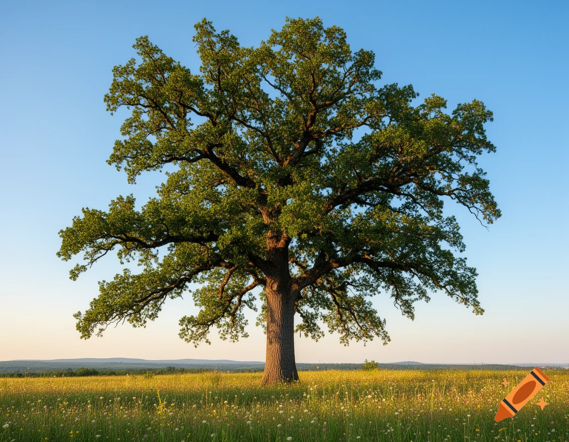 A large, leafy green tree stands prominently in the center of a sunlit field filled with wildflowers under a clear blue sky.