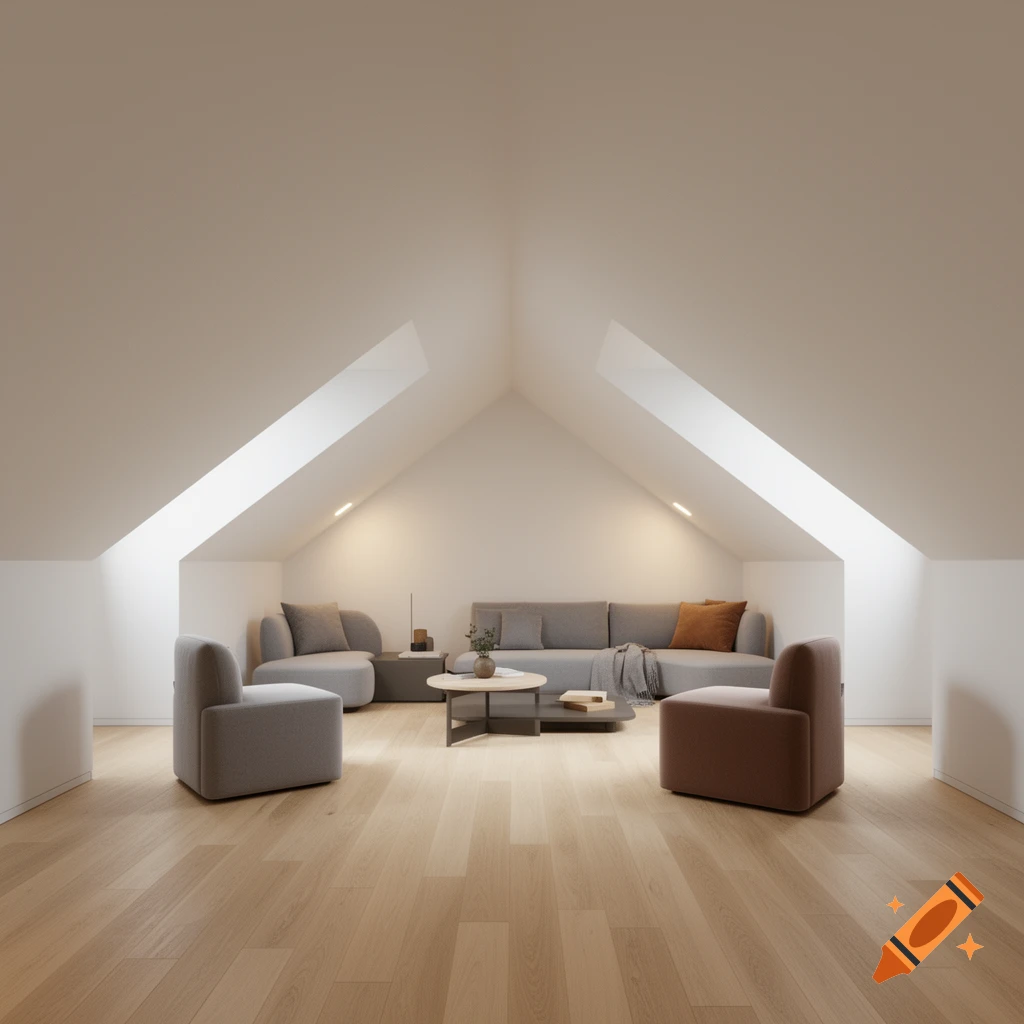 A modern, minimalist attic living room with light wooden floors, a gray sofa, and two armchairs under large skylights.