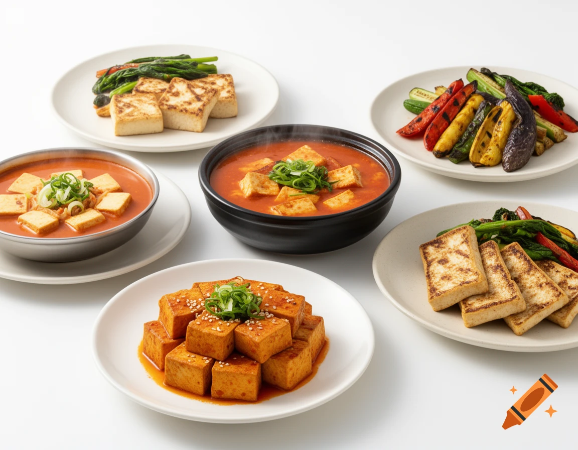Assortment of Korean tofu dishes, including braised tofu, tofu stew, and grilled tofu with vegetables, on a white background.
