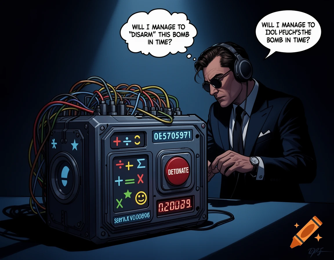 A man in a suit and sunglasses with headphones tries to disarm a complex bomb with many wires and buttons, which displays 'DETONATE' and a timer. Thought and speech bubbles show him questioning if he can disarm it.