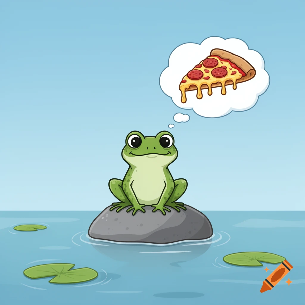 A smiling cartoon frog sits on a gray rock in a blue pond with lily pads, thinking about a slice of pepperoni pizza with melting cheese.