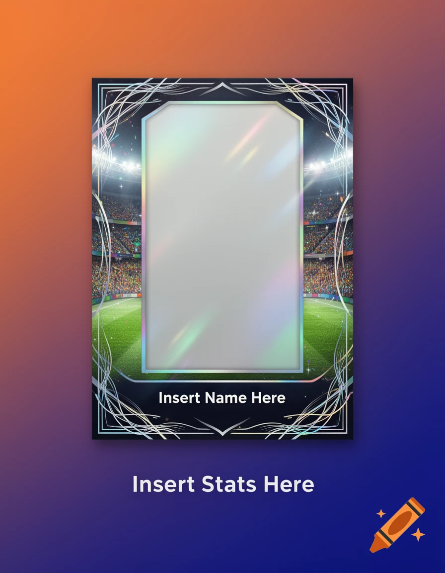 Blank soccer card template with a stadium background, decorative frame, and holographic insert. Text reads "Insert Name Here" and "Insert Stats Here".
