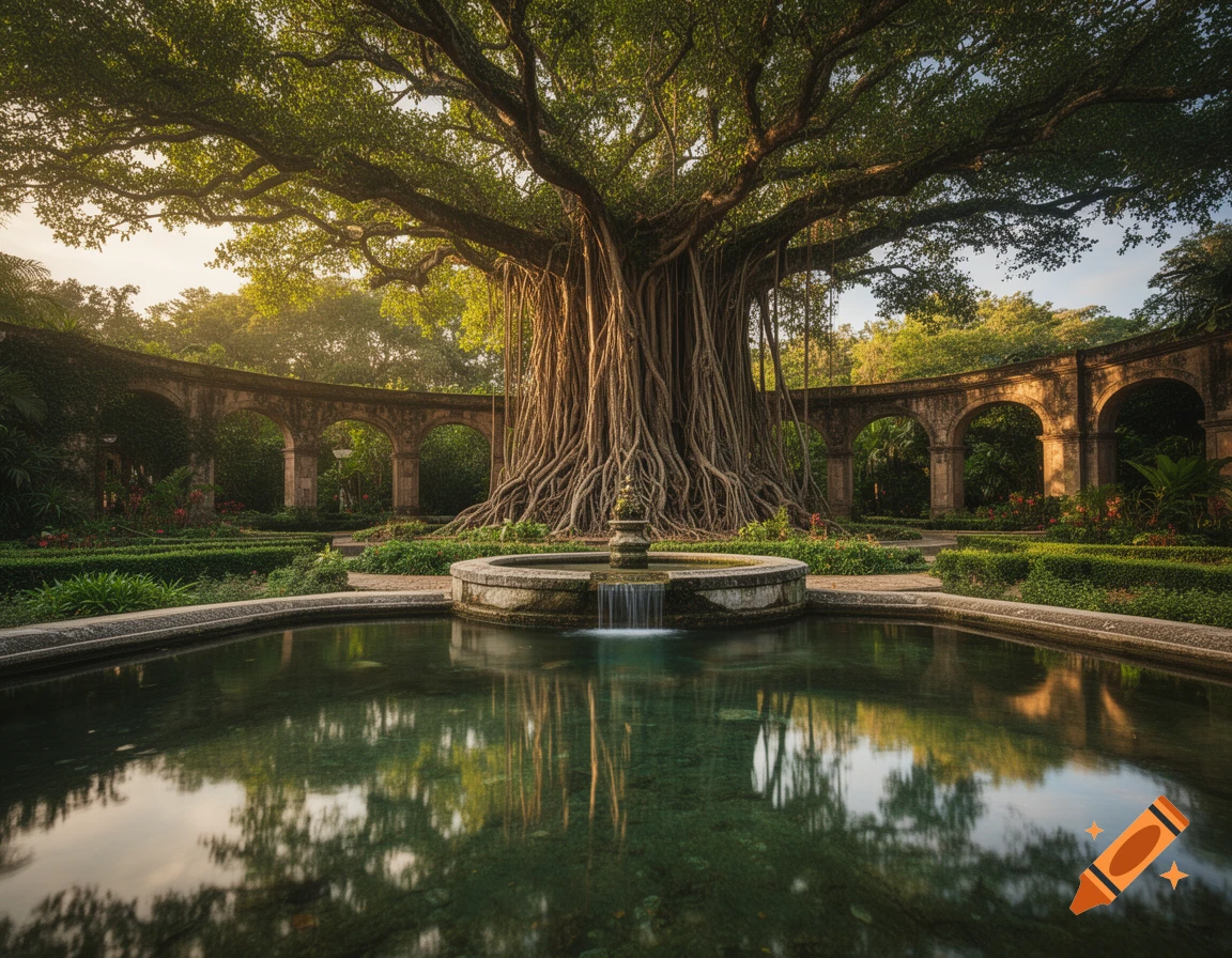 A majestic banyan tree with sprawling roots in a lush garden, with a stone fountain and a pond reflecting arched structures.