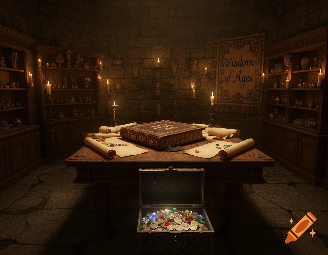 A dimly lit room with an old book, scrolls, candles, and a treasure chest full of gold and gems.