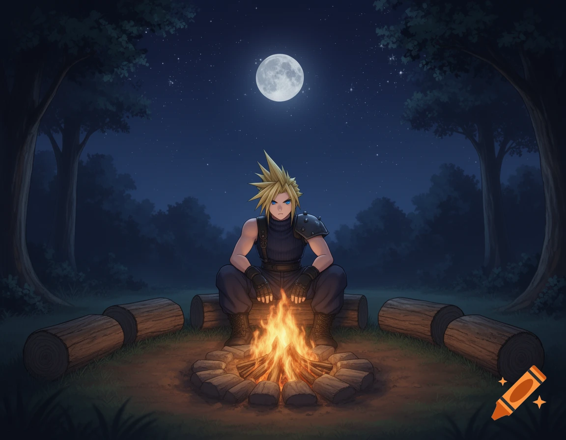Anime-style Cloud Strife sits thoughtfully by a campfire in a dark forest under a full moon and starry night sky.