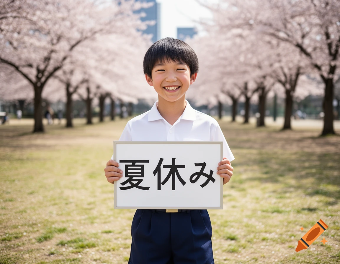 A smiling Japanese boy in a white shirt and blue pants holds a sign saying "Summer Vacation" in a park with cherry blossom trees.