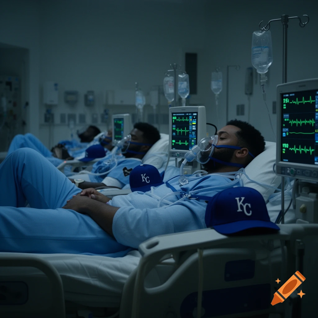 Men in hospital beds with oxygen masks wear "KC" baseball caps, in a dimly lit room.