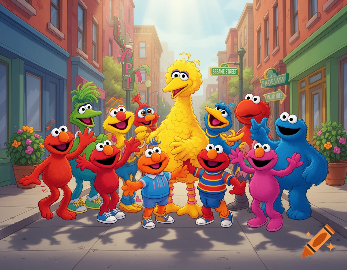A group of cheerful, colorful Sesame Street characters, including Big Bird, Elmo, and Cookie Monster, smile on a sunny street.