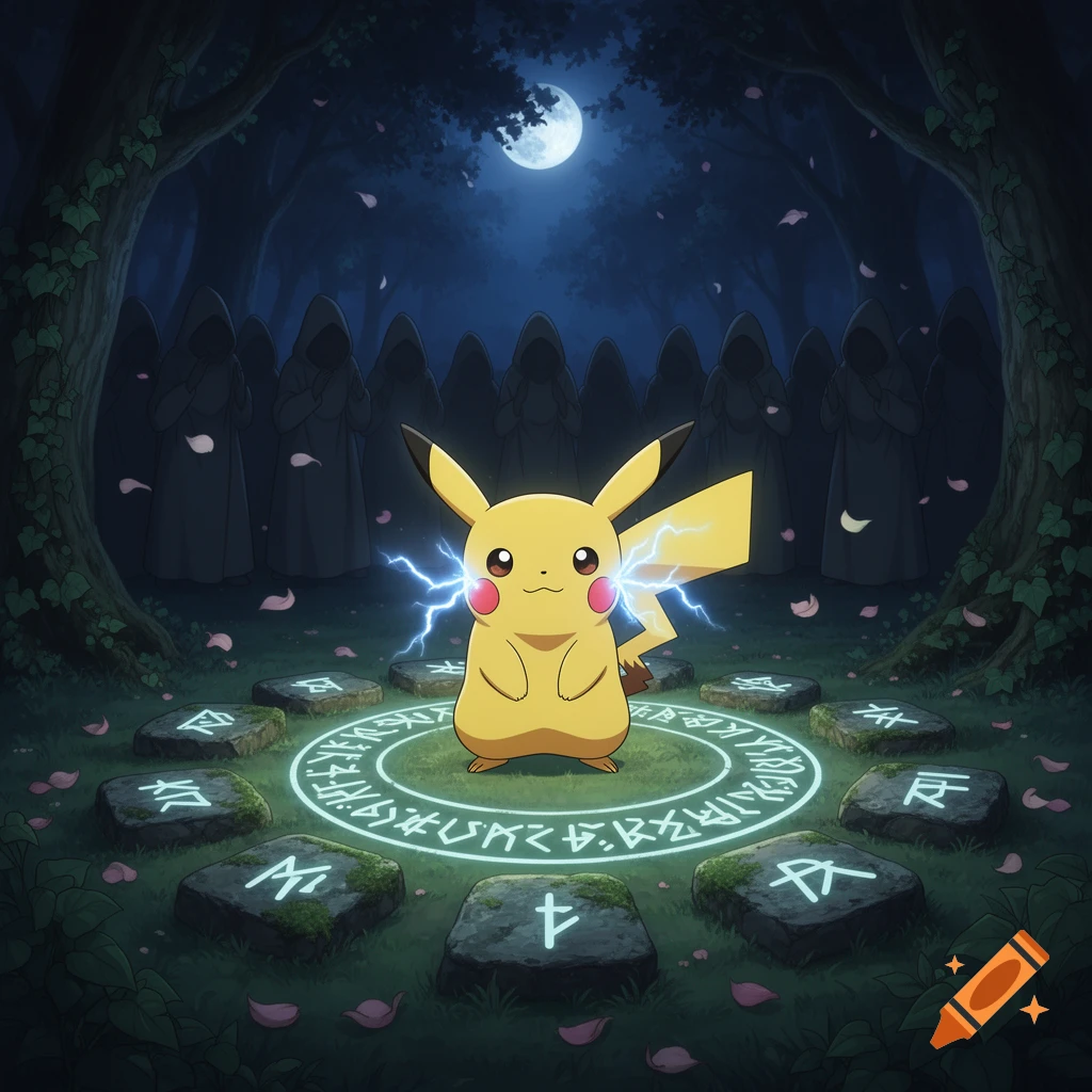 Pikachu stands in a glowing rune circle surrounded by hooded figures in a dark, moonlit forest, with falling pink petals, in an anime style.