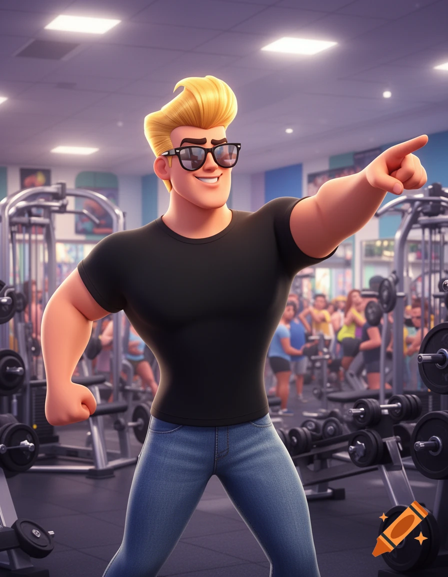 Cartoonish muscular man with blond pompadour and sunglasses in a gym, pointing forward.