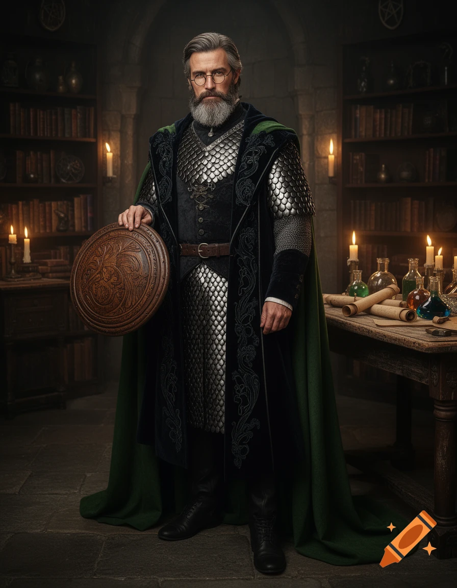 A bearded wizard in scale mail and a green cloak holds a wooden shield in a candlelit library, looking stern.